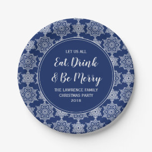 Navy Blue Snowflake Eat Drink Christmas Party Paper Plate