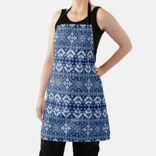 Navy Blue Snowflake & Floral Fair Isle Christmas Apron