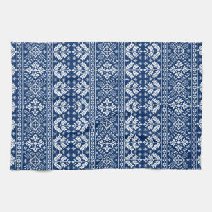 Navy Blue Snowflake & Floral Fair Isle Christmas Tea Towel