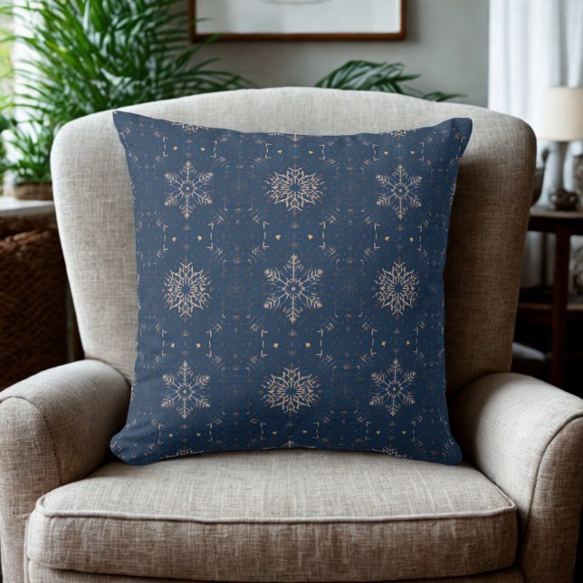 Navy Blue Snowflake Holiday Cushion (Navy blue winter snowflake pattern throw pillow)