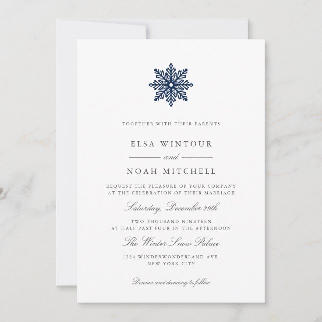 Navy Blue Snowflake Winter Photo Formal Wedding Invitation (Front)