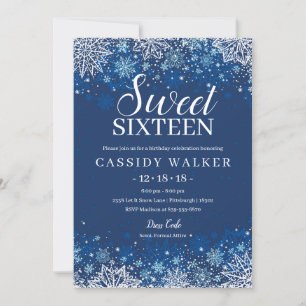 Navy Blue Snowflake Winter Sweet 16 Birthday Invitation