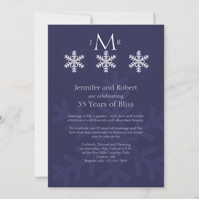 Navy Blue Snowflake Winter Wedding Anniversary Invitation (Front)