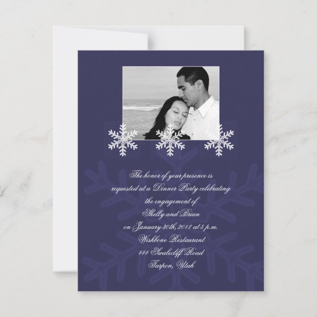 Navy Blue Snowflake Winter Wedding Engagement Invitation (Front)