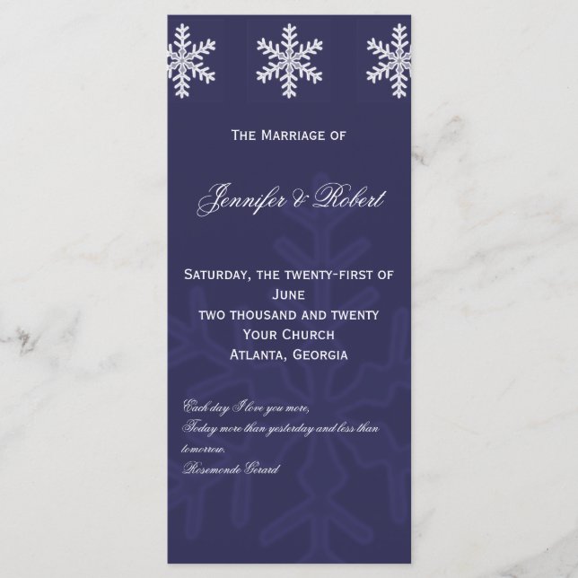 Navy Blue Snowflake Winter Wedding Program Programme (Front)