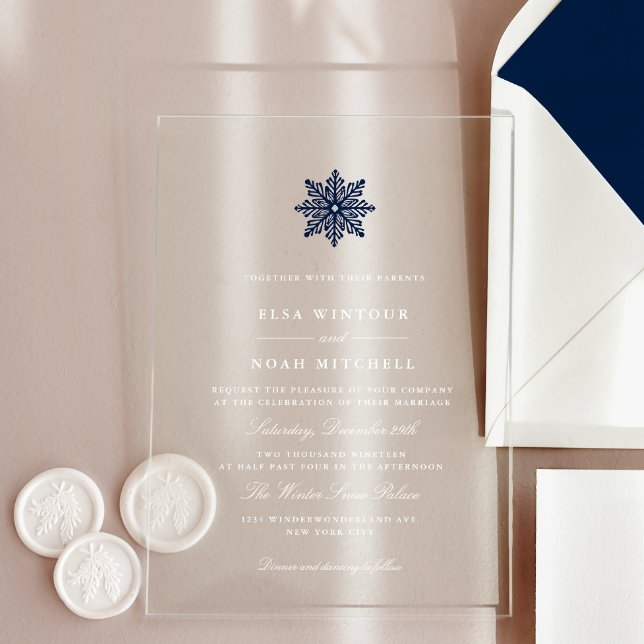 Navy Blue Snowflake Winter Wedding Transparent Acrylic Invitations (Creator Uploaded)