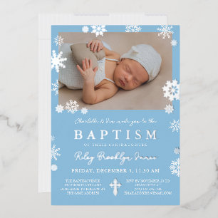 Navy Blue Snowflakes Photo Winter Baptism Silver