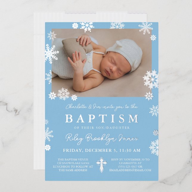 Navy Blue Snowflakes Photo Winter Baptism Silver (Envelope)