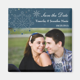 Navy blue snowflakes save the date photo magnet