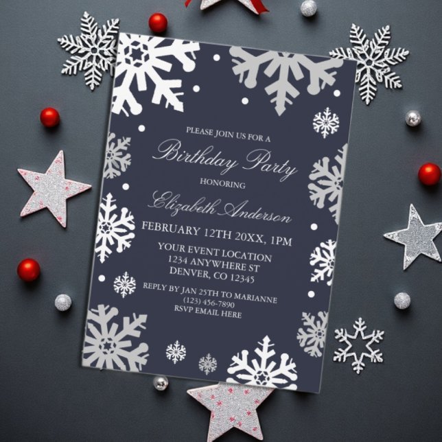 Navy Blue Snowflakes Winter Birthday Invitation (Creator Uploaded)