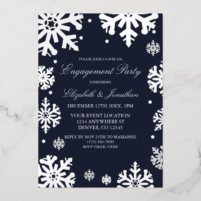 Navy Blue Snowflakes Winter Engagement Party (Front)