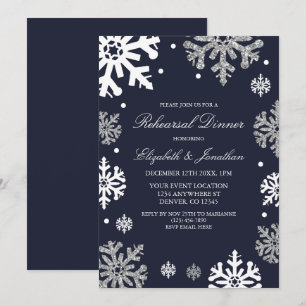 Navy Blue Snowflakes Winter Rehearsal Dinner Invitation