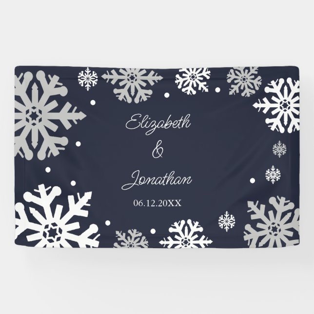 Navy Blue Snowflakes Winter Wedding Banner (Horizontal)