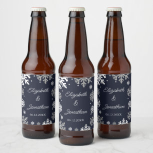 Navy Blue Snowflakes Winter Wedding Beer Bottle Label