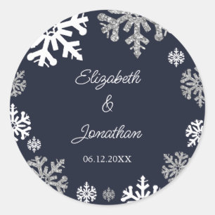 Navy Blue Snowflakes Winter Wedding Classic Round Sticker