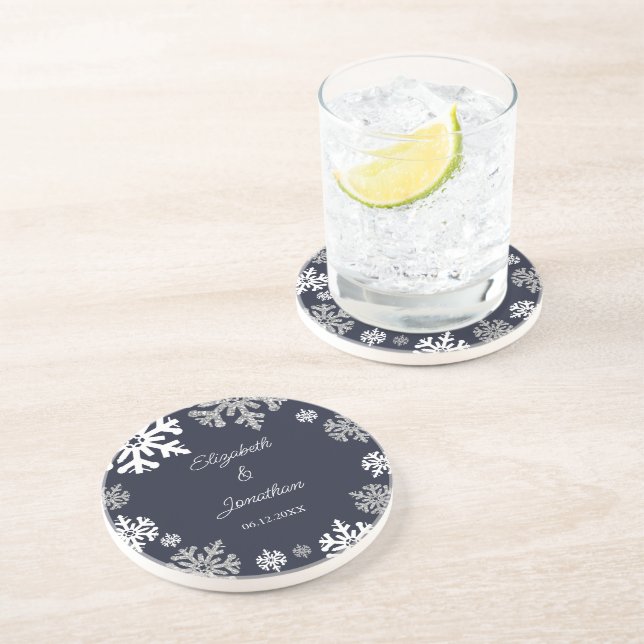 Navy Blue Snowflakes Winter Wedding Coaster (Side)