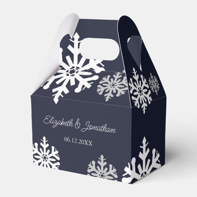 Navy Blue Snowflakes Winter Wedding Favour Box (Front Side)