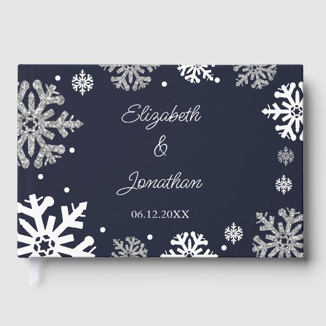 Navy Blue Snowflakes Winter Wedding Guest Book (Front)