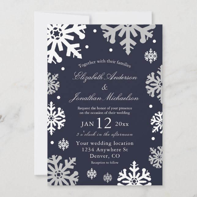 Navy Blue Snowflakes Winter Wedding Invitation (Front)
