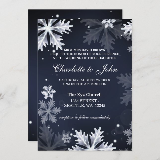 Navy Blue snowflakes winter wedding invitation (Front/Back)