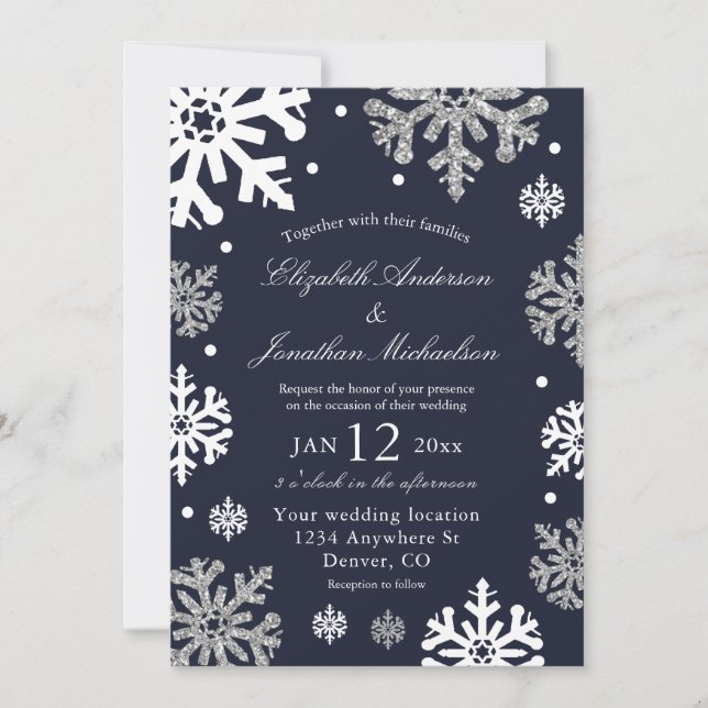 Navy Blue Snowflakes Winter Wedding Invitation (Front)
