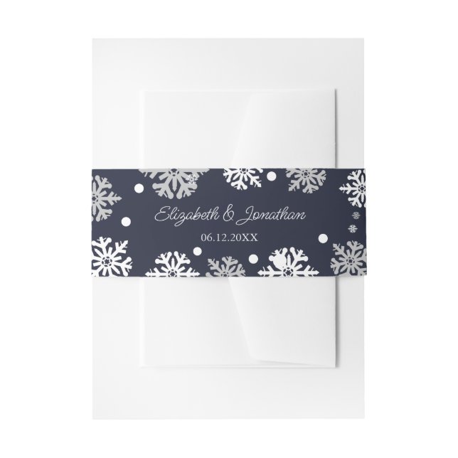 Navy Blue Snowflakes Winter Wedding Invitation Belly Band (Front Example)