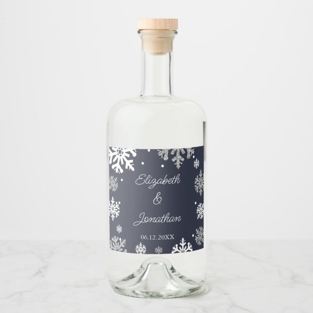 Navy Blue Snowflakes Winter Wedding Liquor Bottle Label (Front)