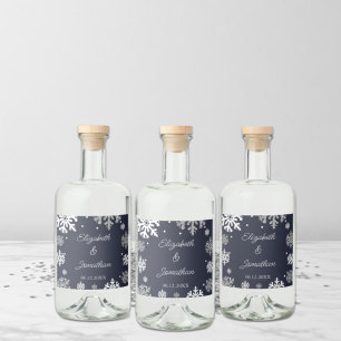 Navy Blue Snowflakes Winter Wedding Liquor Bottle Label