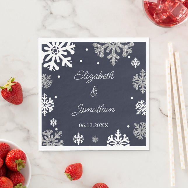 Navy Blue Snowflakes Winter Wedding Napkin (Insitu)