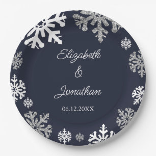 Navy Blue Snowflakes Winter Wedding Paper Plate