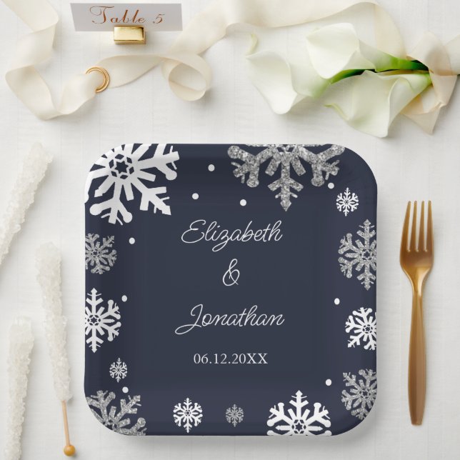Navy Blue Snowflakes Winter Wedding Paper Plate (Wedding)