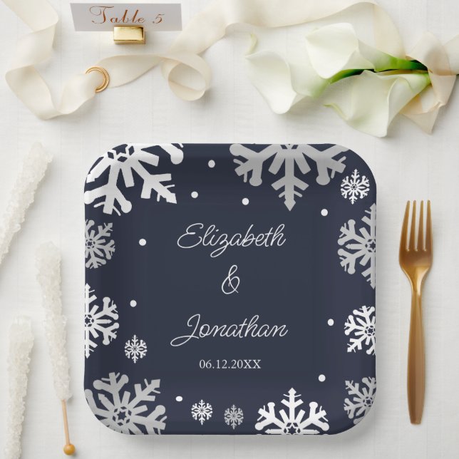 Navy Blue Snowflakes Winter Wedding Paper Plate (Wedding)