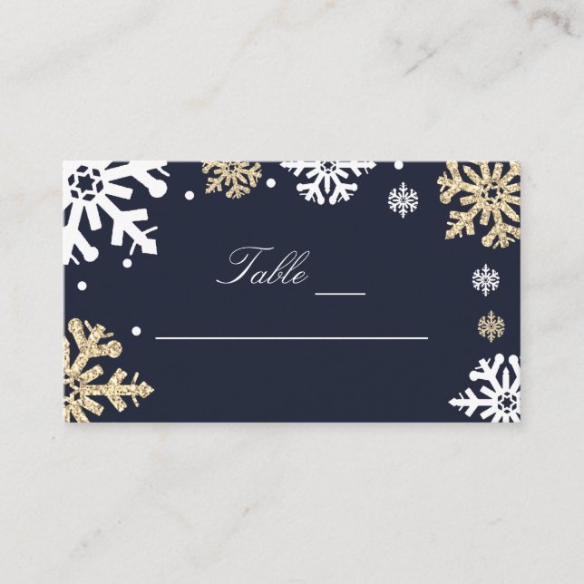 Navy Blue Snowflakes Winter Wedding Place Card (Front)