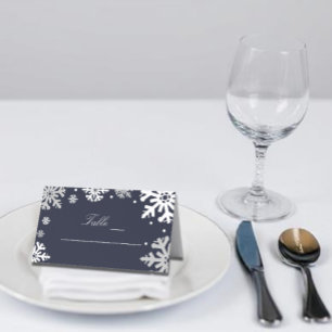 Navy Blue Snowflakes Winter Wedding Place Card