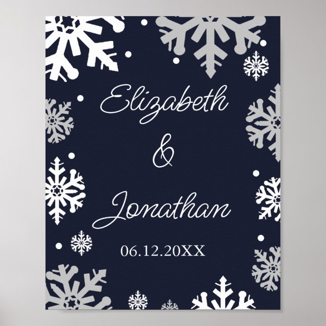 Navy Blue Snowflakes Winter Wedding Poster (Front)