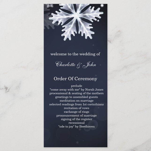 navy blue snowflakes winter wedding programs programme (Front)