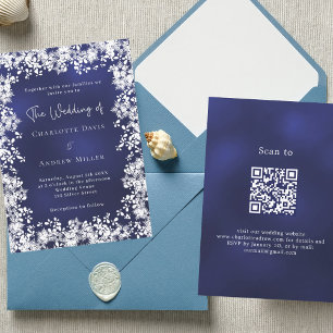 Navy blue snowflakes winter wedding QR code RSVP Invitation