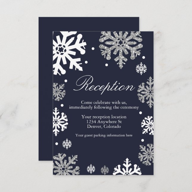 Navy Blue Snowflakes Winter Wedding Reception Enclosure Card (Front/Back)