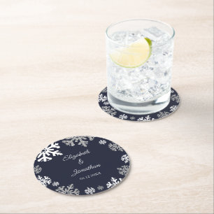 Navy Blue Snowflakes Winter Wedding Round Paper Coaster