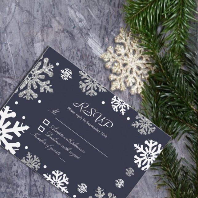 Navy Blue Snowflakes Winter Wedding RSVP Card (Creator Uploaded)