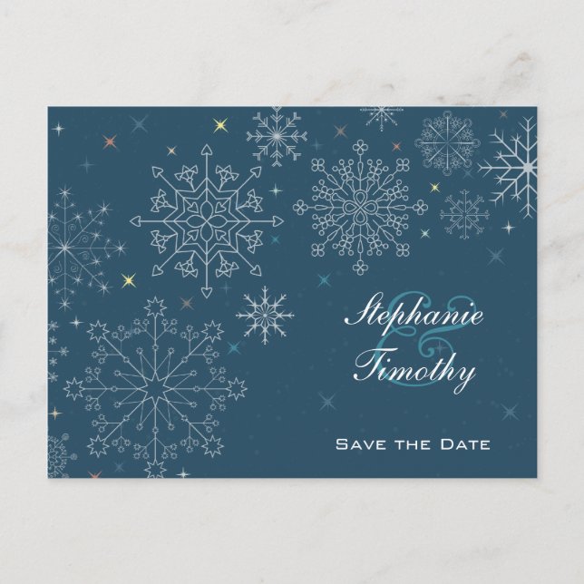 Navy blue snowflakes winter wedding save the date announcement postcard (Front)