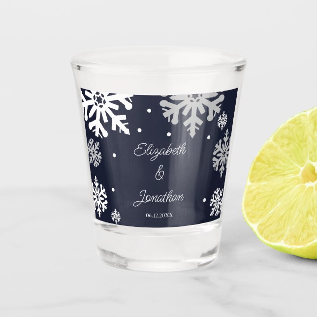 Navy Blue Snowflakes Winter Wedding Shot Glass (Front)
