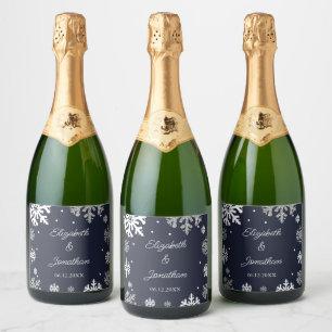 Navy Blue Snowflakes Winter Wedding Sparkling Wine Label