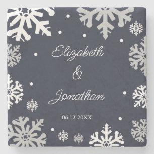 Navy Blue Snowflakes Winter Wedding Stone Coaster