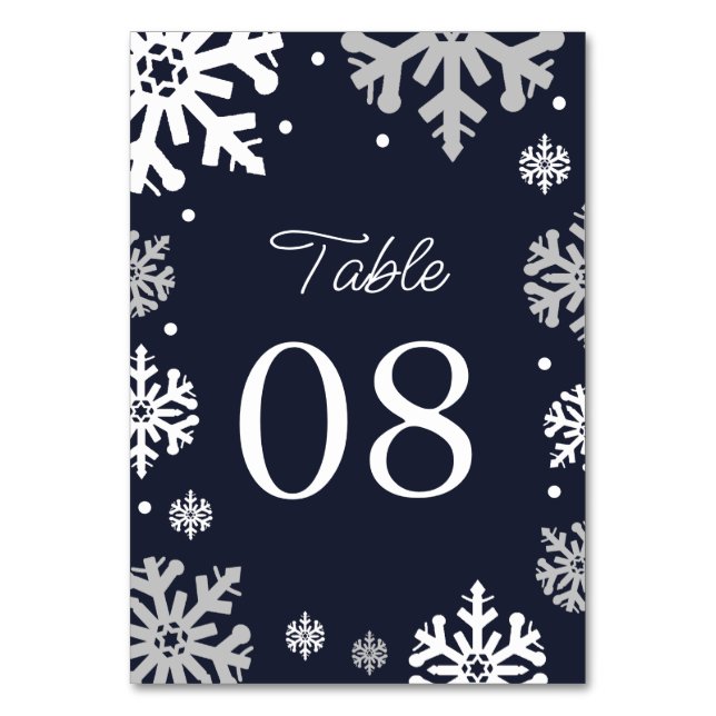 Navy Blue Snowflakes Winter Wedding Table Number (Front)