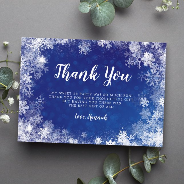 Navy Blue Snowflakes Winter Wonderland Sweet 16 Thank You Card (Creator Uploaded)