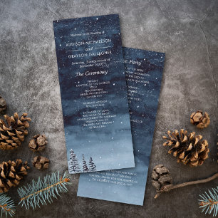 Navy Blue Snowy Winter Night Wonderland Wedding Programme