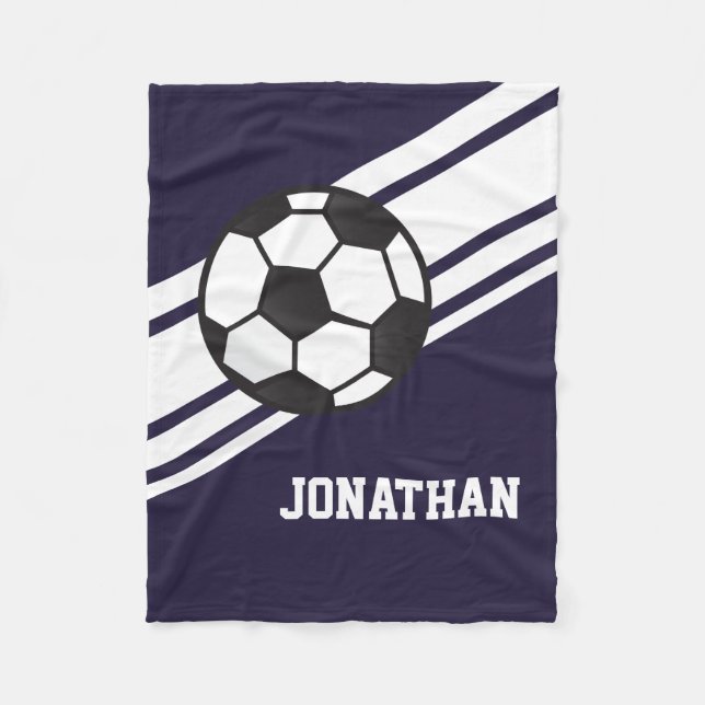 Navy Blue Soccer Ball Sports Personalised Name Fleece Blanket (Front)
