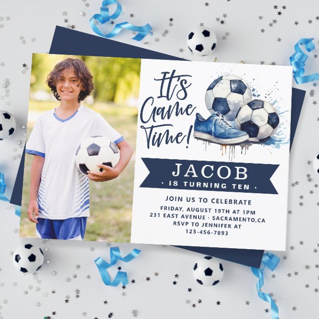 Navy Blue Soccer Kids Watercolor Photo Invitation (Creator Uploaded)