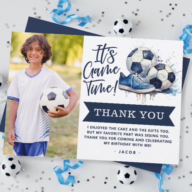 Navy Blue Soccer Kids Watercolor Photo Thank You Card (Creator Uploaded)